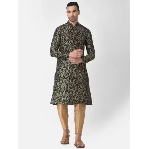 AHBABI Men's Printed Dupion Silk Kurta Pyjama Set Black-Golden