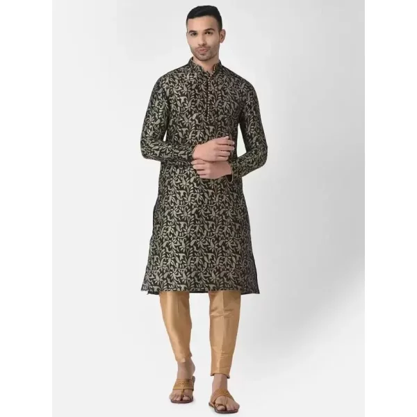 AHBABI Men's Printed Dupion Silk Kurta Pyjama Set Black-Golden