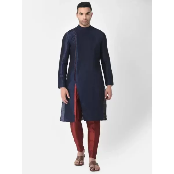 AHBABI Men's Solid Slit Style Dupion Silk Kurta Pyjama Set Navyblue-Red