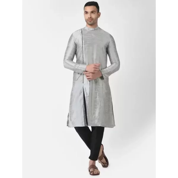 AHBABI Men's Solid Slit Style Dupion Silk Kurta Pyjama Set Silver-Black