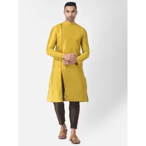 AHBABI Men's Solid Slit Style Dupion Silk Kurta Pyjama Set Mustard-Brown