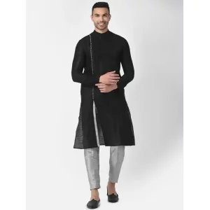 AHBABI Men's Solid Slit Style Dupion Silk Kurta Pyjama Set Black-Silver