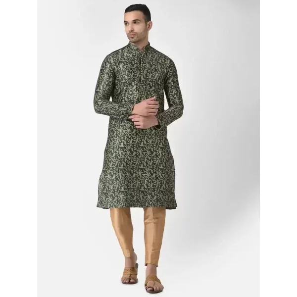 AHBABI Men's Printed Dupion Silk Kurta Pyjama Set Green-Golden