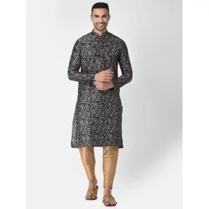 AHBABI Men's Printed Dupion Silk Kurta Pyjama Set Navyblue -Golden