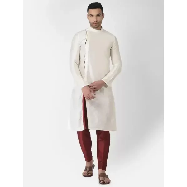 AHBABI Men's Solid Slit Style Dupion Silk Kurta Pyjama Set Off White-Red