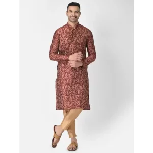 AHBABI Men's Printed Dupion Silk Kurta Pyjama Set Red-Golden