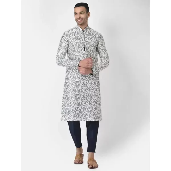 AHBABI Men's Printed Dupion Silk Kurta Pyjama Set White-Nvayblue