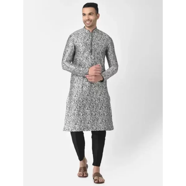 AHBABI Men's Printed Dupion Silk Kurta Pyjama Set Silver-Black